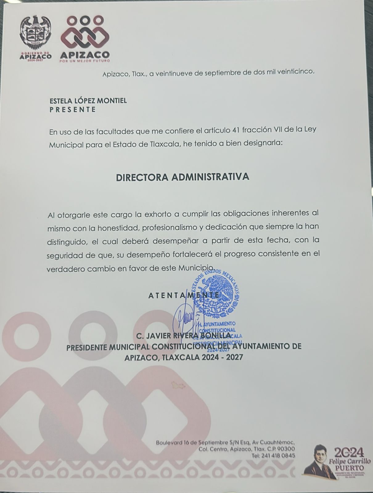 Designa Javier Rivera Bonilla nueva directora administrativa